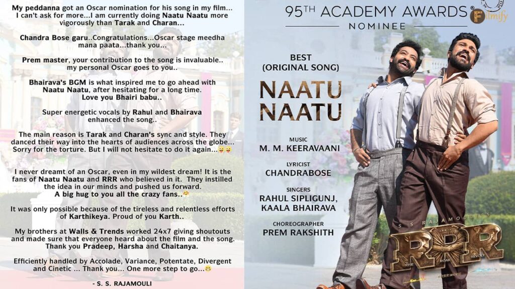 Rajamouli penned a note on Oscar Nomination.. (One more step to go)..