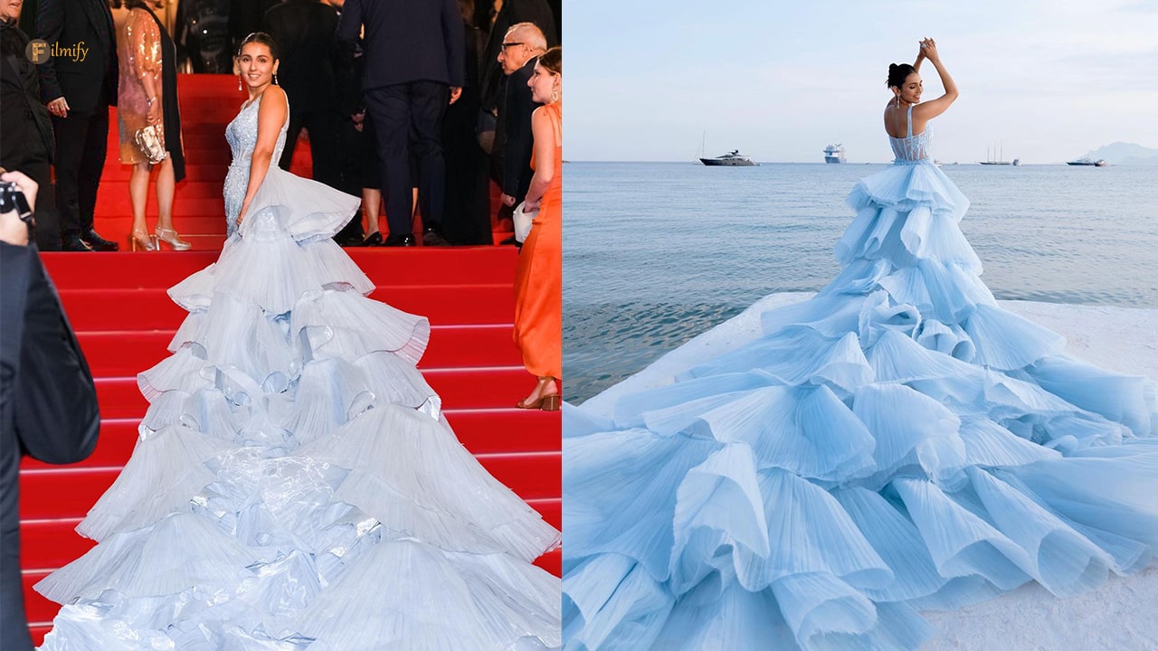 Fashionista looks majestic in a Blue Ball Gown at Cannes red carpet