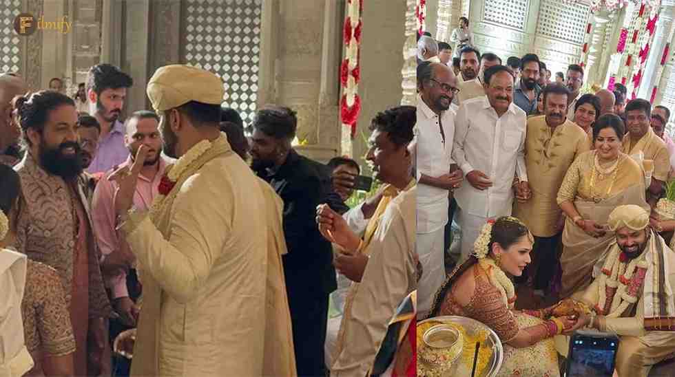 The wedding of Abhishek, the son of Mandya MP Sumalatha Ambareesh, was attended by a number of prominent figures from the South Indian film industry.