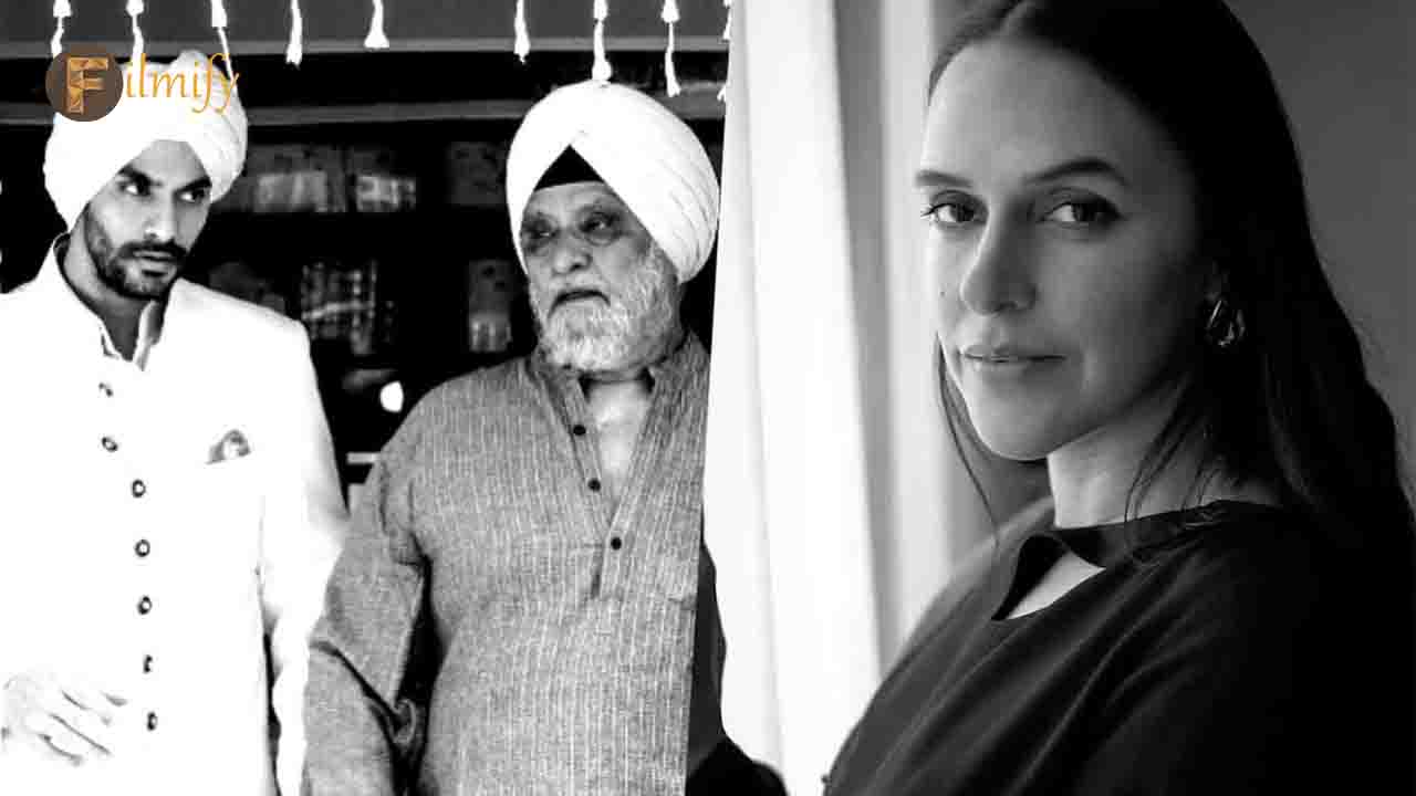 Neha Dhupia and her actor husband Angad Bedi share a heartfelt note their father's demise.