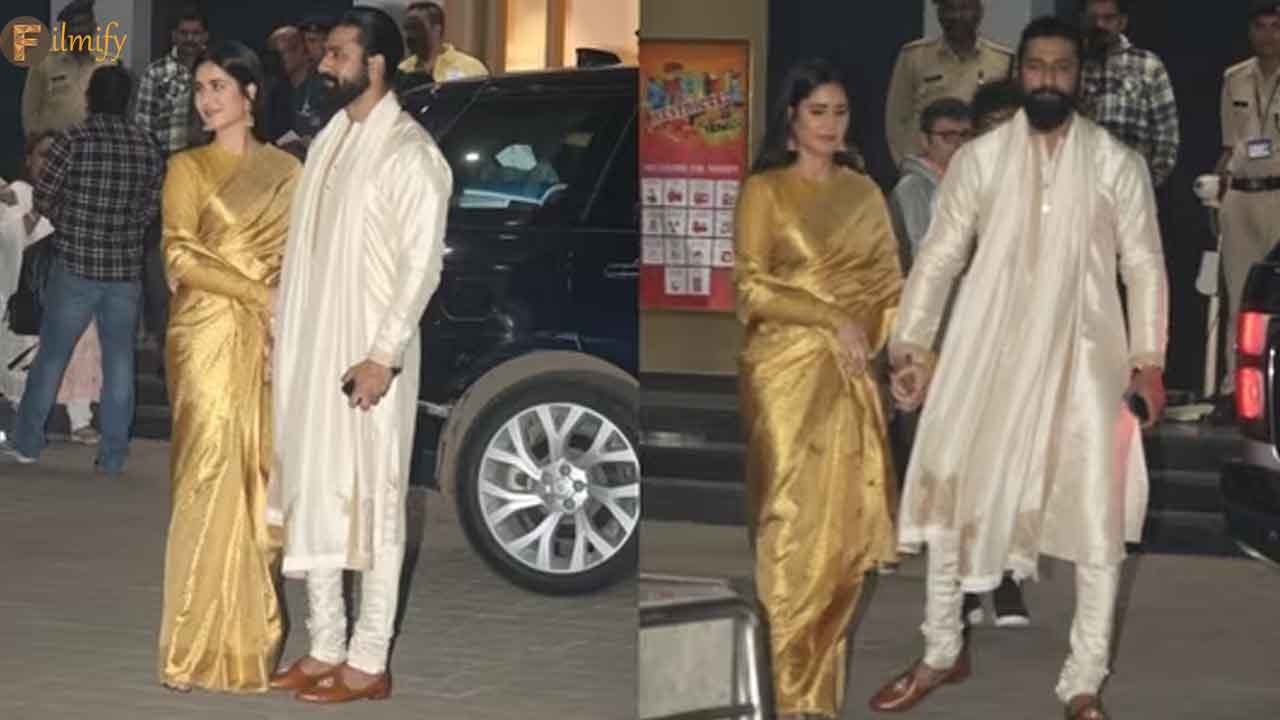 Katrina Kaif stuns in a golden saree as she leaves for Ram Mamdhir with Vicky Kaushal.
