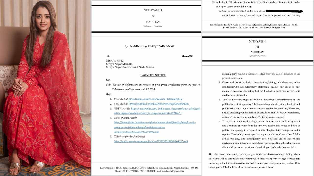 Trisha sends a legal notice to AV Raju for defaming her